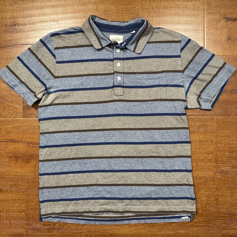 Billy Reid Polo Shirt Men M Blue Stripe Short Sleeve Cotton Peru Preppy Retro